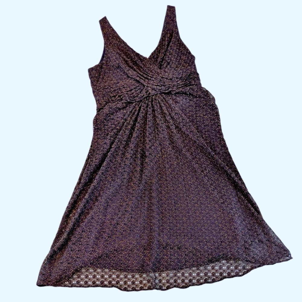 Patra Womens Metallic Lace V-Neck Cocktail Dress Purple Gold Size 14 Pleated